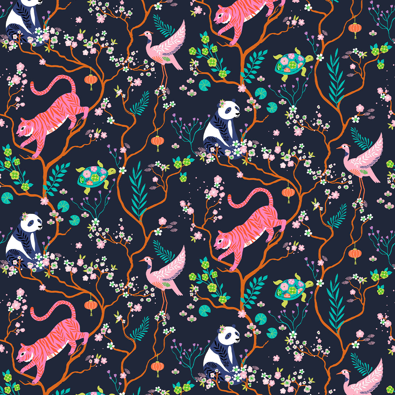 Blossom Forest Animals On Black Quilting Cotton