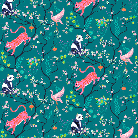 Blossom Forest Animals On Dark Turquoise Quilting Cotton