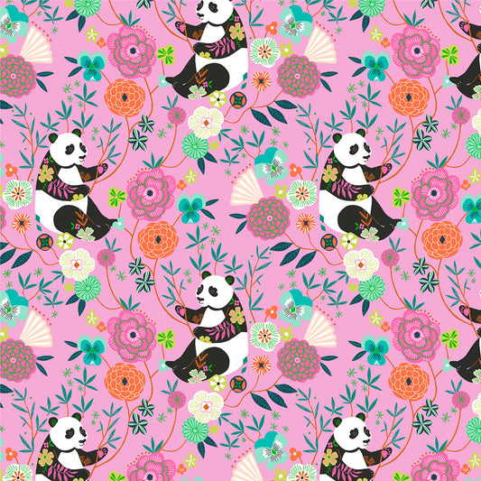 Pandas & Floral On Lilac Quilting Cotton