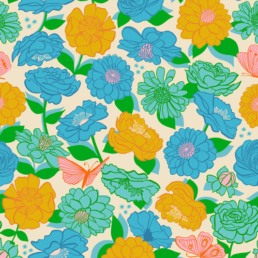 Flowerland Floral On Turquoise Quilting Cotton