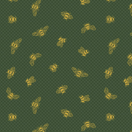 Metallic Gold Bees On British Green Quilting Fabric