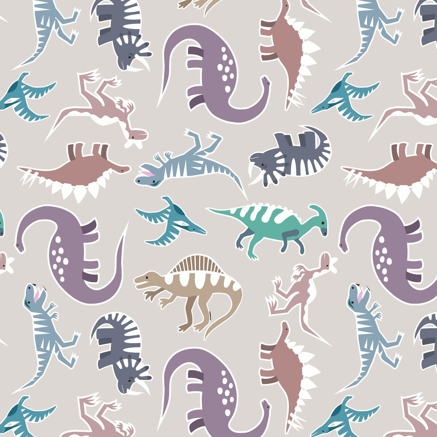 Glow In The Dark Scattered Dinosaurs On Silver Quilting Cotton