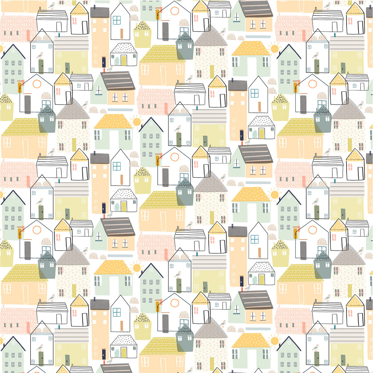 Seaside Houses On Off White Quilting Cotton
