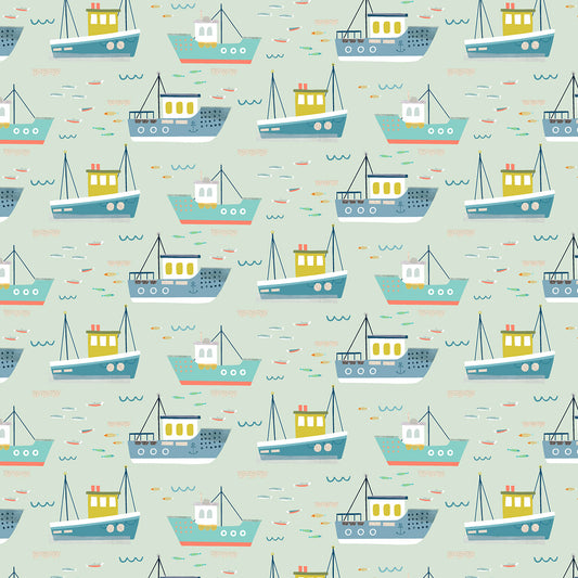 Fishing Ships On Light Green Quilting Cotton