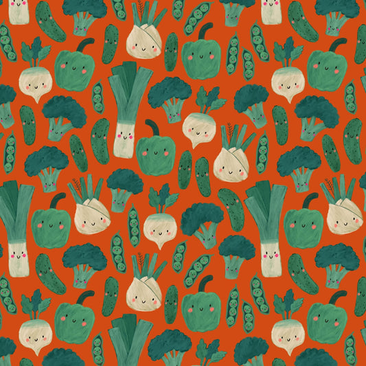 Green Veggies On Terracotta Quilting Fabric