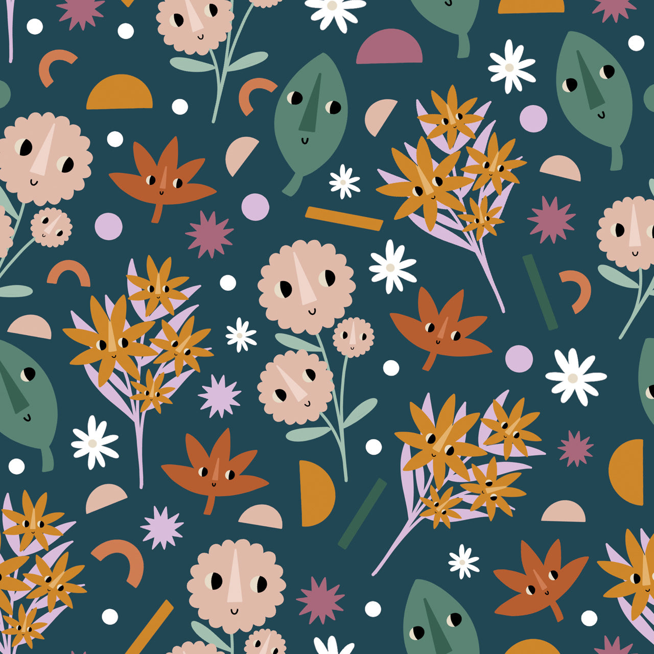 Happy Plants & Shapes On Dark Teal Quilting Cotton