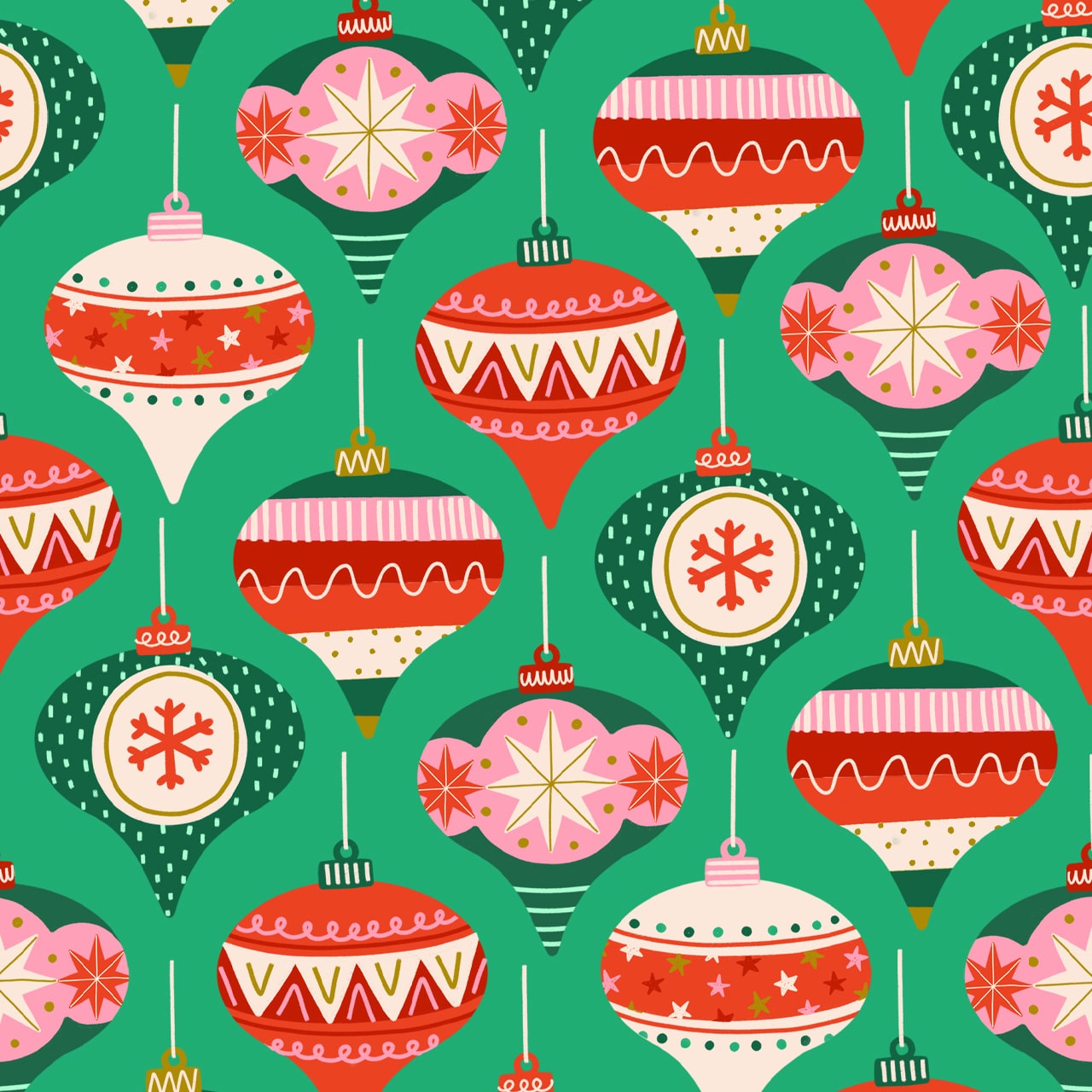 Fun Christmas Baubles On Green Quilting Fabric