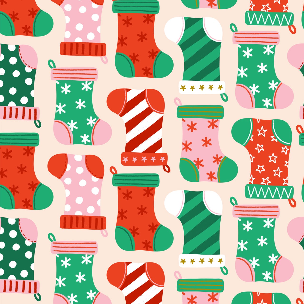 Fun Christmas Stockings on Cream Quilting Fabric